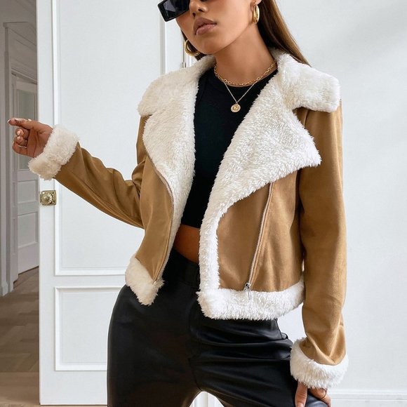 Khaki Casual Womens Teddy Lined Open Front Suedette Moto Jacket - Picture 5 of 5